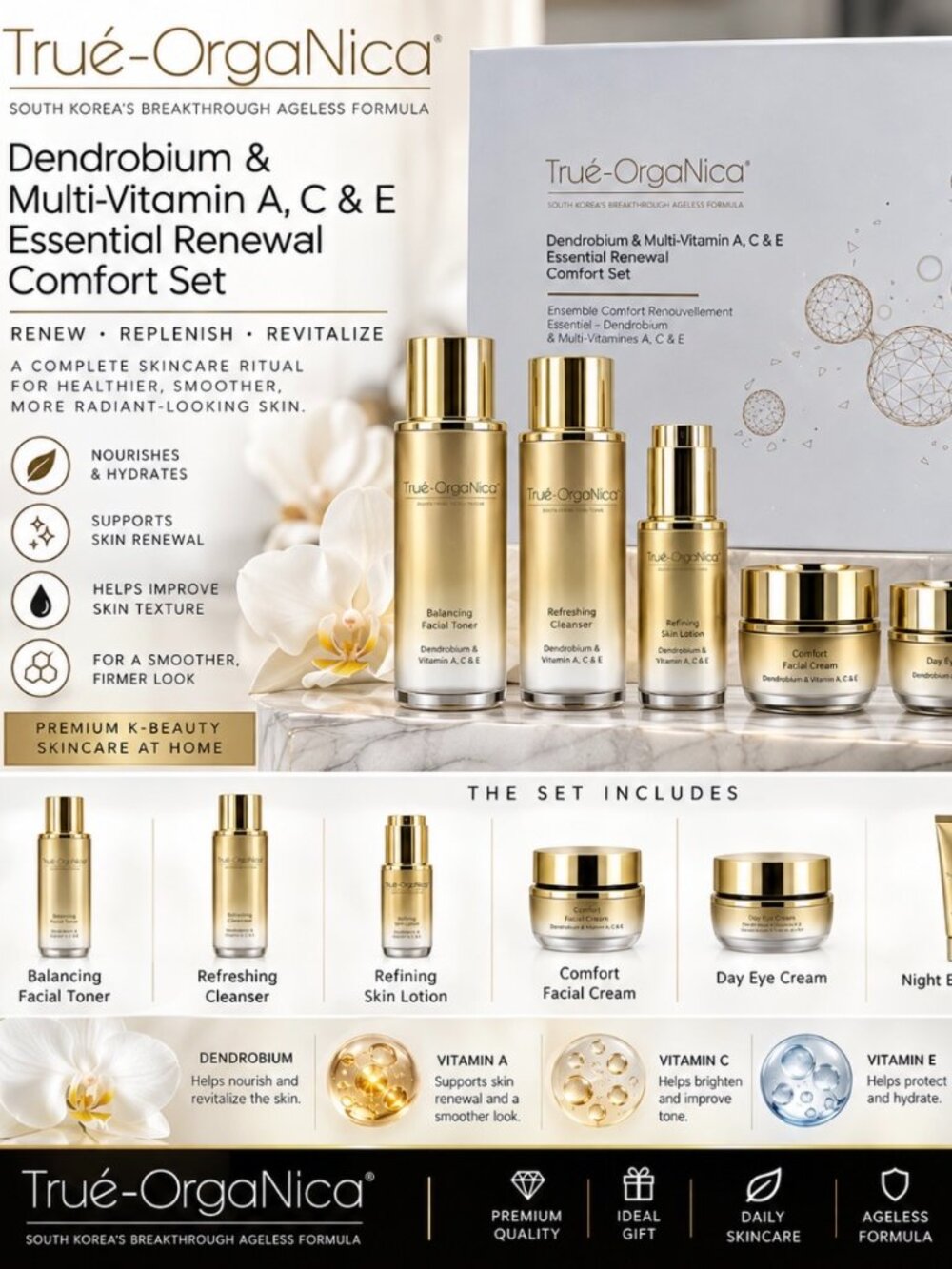 TRUÉ-ORGANICA® DENDROBIUM & MULTI-VITAMIN A, C & E ESSENTIAL RENEWAL COMFORT SET
